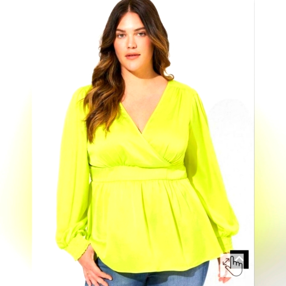 Torrid Size 2X Women's Neon Lime Green/Yellow Satin Wrap Top with Tie Back NWT - Picture 1 of 11